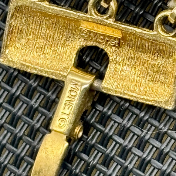 Vintage Monet Three Strand, Faux Pearl Bracelet, Gold Tone Clasp, Marked "Monet" - Picture 5 of 9